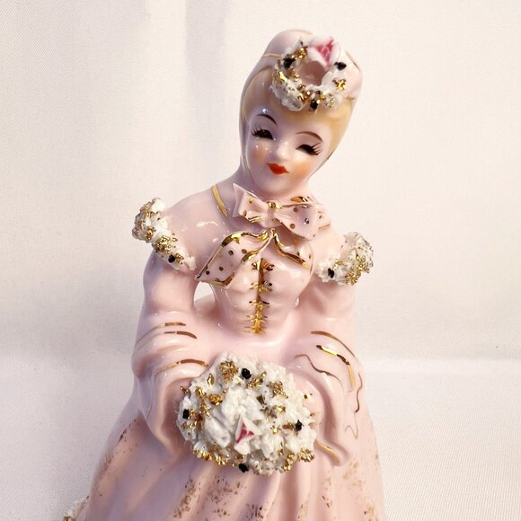 Lefton Vintage Victorian Lady Figurine Pink & Gold Spaghetti Trim K8572P 1950s - Picture 3 of 10